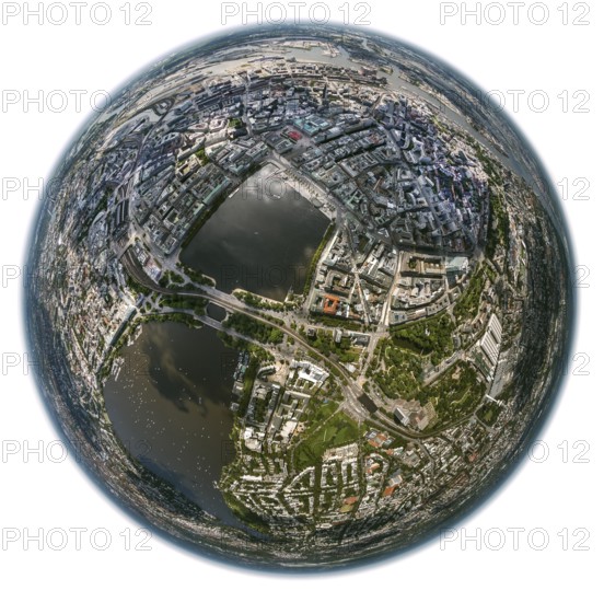 Inner Alster Lake, Außenalster, Kennedybrücke, fisheye lens, fisheye, round picture, Hamburg, Germany, Europe, aerial view, birds-eyes view, aerial photography, aerial photography, overview, bird's eye view