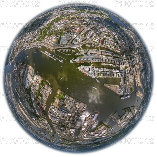 Hamburg harbour, fisheye lens, fisheye, round image, Hamburg, Germany, Europe, aerial view, birds-eyes view, aerial photography, aerial photography, overview, bird's eye view