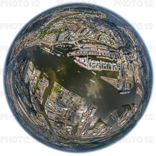 Hamburg harbour, fisheye lens, fisheye, round image, Hamburg, Germany, Europe, aerial view, birds-eyes view, aerial photography, aerial photography, overview, bird's eye view