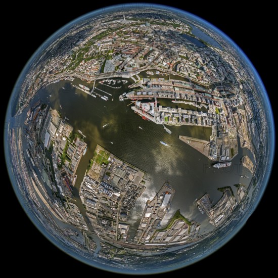 Hamburg harbour, fisheye lens, fisheye, round image, Hamburg, Germany, Europe, aerial view, birds-eyes view, aerial photography, aerial photography, overview, bird's eye view