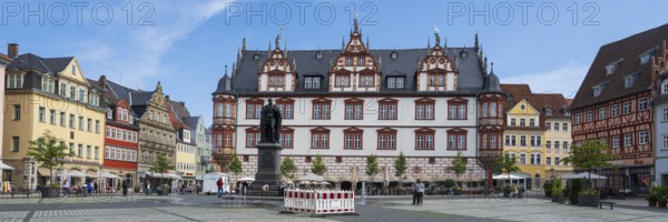 Town house on the market square, panoramic format, Coburg, Upper Franconia, Franconia, Bavaria, Germany