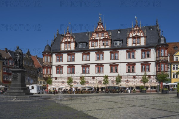Prince Albert monument next to the town house, late Renaissance, market square, Coburg, Upper Franconia, Franconia, Bavaria, Germany