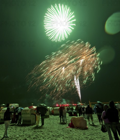 Baltic Sea in flames at Grömitz pier, fireworks, highlight of the season, end of the season, beach, spectators, beach chairs at night, shower of sparks, Baltic Sea resort, tourist attraction, Grömitz, Baltic Sea, Schleswig-Holstein, Germany, Europe, aerial photo, birds-eyes view, aerial photography, aerial photography, overview, overview, bird's-eye view