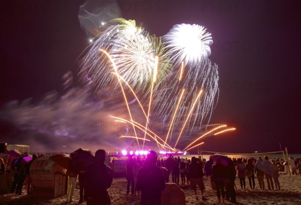 Baltic Sea in flames at Grömitz pier, fireworks, highlight of the season, end of the season, beach, spectators, beach chairs at night, shower of sparks, Baltic Sea resort, tourist attraction, Grömitz, Baltic Sea, Schleswig-Holstein, Germany, Europe, aerial photo, birds-eyes view, aerial photography, aerial photography, overview, overview, bird's-eye view