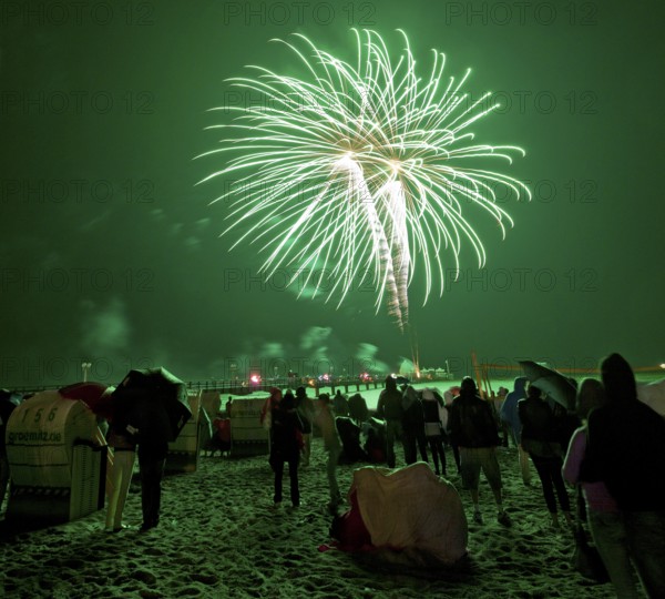 Baltic Sea in flames at Grömitz pier, fireworks, highlight of the season, end of the season, beach, spectators, beach chairs at night, shower of sparks, Baltic Sea resort, tourist attraction, Grömitz, Baltic Sea, Schleswig-Holstein, Germany, Europe, aerial photo, birds-eyes view, aerial photography, aerial photography, overview, overview, bird's-eye view