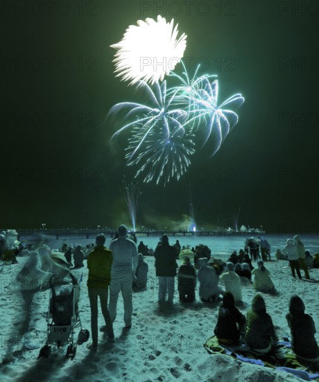Baltic Sea in flames at Grömitz pier, fireworks, highlight of the season, end of the season, beach, spectators, beach chairs at night, shower of sparks, Baltic Sea resort, tourist attraction, Grömitz, Baltic Sea, Schleswig-Holstein, Germany, Europe, aerial photo, birds-eyes view, aerial photography, aerial photography, overview, overview, bird's-eye view
