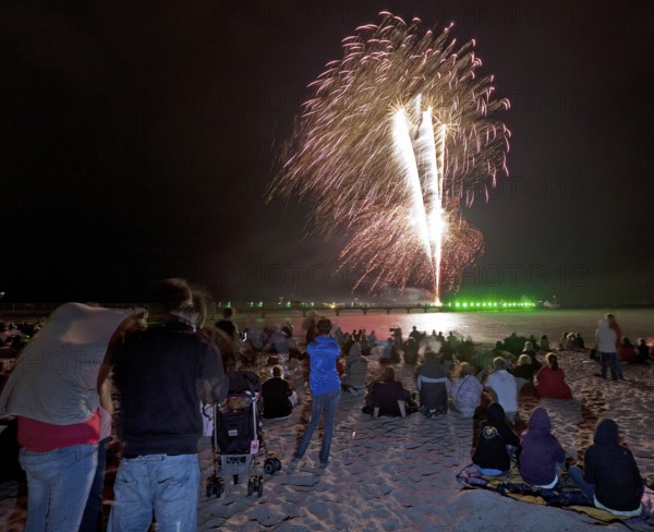 Baltic Sea in flames at Grömitz pier, fireworks, highlight of the season, end of the season, beach, spectators, beach chairs at night, shower of sparks, Baltic Sea resort, tourist attraction, Grömitz, Baltic Sea, Schleswig-Holstein, Germany, Europe, aerial photo, birds-eyes view, aerial photography, aerial photography, overview, overview, bird's-eye view