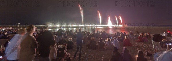 Baltic Sea in flames at Grömitz pier, fireworks, highlight of the season, end of the season, beach, spectators, beach chairs at night, shower of sparks, Baltic Sea resort, tourist attraction, Grömitz, Baltic Sea, Schleswig-Holstein, Germany, Europe, aerial photo, birds-eyes view, aerial photography, aerial photography, overview, overview, bird's-eye view