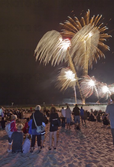 Baltic Sea in flames at Grömitz pier, fireworks, highlight of the season, end of the season, beach, spectators, beach chairs at night, shower of sparks, Baltic Sea resort, tourist attraction, Grömitz, Baltic Sea, Schleswig-Holstein, Germany, Europe, aerial photo, birds-eyes view, aerial photography, aerial photography, overview, overview, bird's-eye view