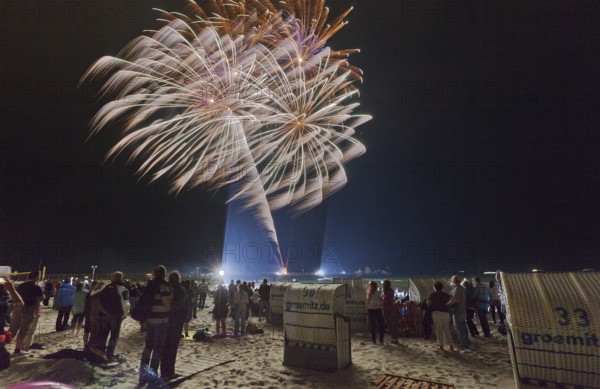 Baltic Sea in flames at Grömitz pier, fireworks, highlight of the season, end of the season, beach, spectators, beach chairs at night, shower of sparks, Baltic Sea resort, tourist attraction, Grömitz, Baltic Sea, Schleswig-Holstein, Germany, Europe, aerial photo, birds-eyes view, aerial photography, aerial photography, overview, overview, bird's-eye view