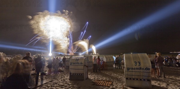 Baltic Sea in flames at Grömitz pier, fireworks, highlight of the season, end of the season, beach, spectators, beach chairs at night, shower of sparks, Baltic Sea resort, tourist attraction, Grömitz, Baltic Sea, Schleswig-Holstein, Germany, Europe, aerial photo, birds-eyes view, aerial photography, aerial photography, overview, overview, bird's-eye view