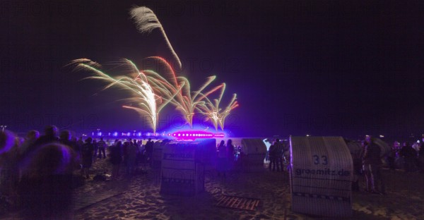 Baltic Sea in flames at Grömitz pier, fireworks, highlight of the season, end of the season, beach, spectators, beach chairs at night, shower of sparks, Baltic Sea resort, tourist attraction, Grömitz, Baltic Sea, Schleswig-Holstein, Germany, Europe, aerial photo, birds-eyes view, aerial photography, aerial photography, overview, overview, bird's-eye view