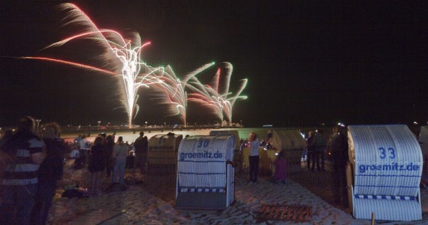 Baltic Sea in flames at Grömitz pier, fireworks, highlight of the season, end of the season, beach, spectators, beach chairs at night, shower of sparks, Baltic Sea resort, tourist attraction, Grömitz, Baltic Sea, Schleswig-Holstein, Germany, Europe, aerial photo, birds-eyes view, aerial photography, aerial photography, overview, overview, bird's-eye view