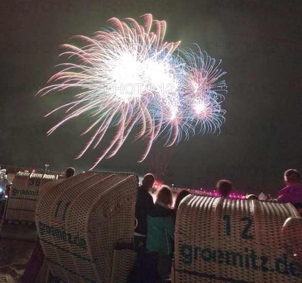 Baltic Sea in flames at Grömitz pier, fireworks, highlight of the season, end of the season, beach, spectators, beach chairs at night, shower of sparks, Baltic Sea resort, tourist attraction, Grömitz, Baltic Sea, Schleswig-Holstein, Germany, Europe, aerial photo, birds-eyes view, aerial photography, aerial photography, overview, overview, bird's-eye view