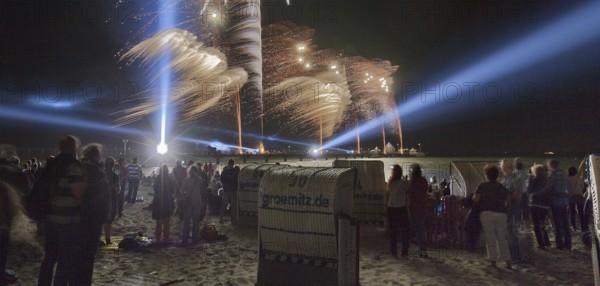 Baltic Sea in flames at Grömitz pier, fireworks, highlight of the season, end of the season, beach, spectators, beach chairs at night, shower of sparks, Baltic Sea resort, tourist attraction, Grömitz, Baltic Sea, Schleswig-Holstein, Germany, Europe, aerial photo, birds-eyes view, aerial photography, aerial photography, overview, overview, bird's-eye view