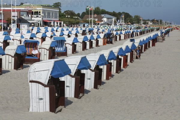 Beach with beach chairs, Grömitz, Baltic Sea, Schleswig-Holstein, Germany, Europe, aerial view, birds-eyes view, aerial photography, aerial photography, overview, bird's eye view