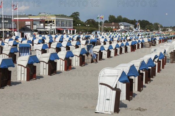 End of season, off-season, beach with beach chairs, Grömitz, Baltic Sea, Schleswig-Holstein, Germany, Europe, aerial view, birds-eyes view, aerial photography, aerial photography, overview, overview, bird's eye view