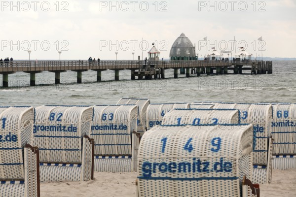 Jetty with beach chairs, Grömitz, Baltic Sea, Schleswig-Holstein, Germany, Europe, aerial view, birds-eyes view, aerial photography, aerial photography, overview, bird's eye view