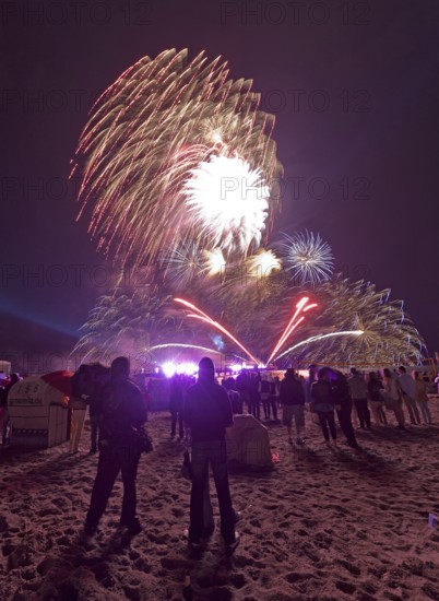 Baltic Sea in flames at Grömitz pier, fireworks, highlight of the season, end of the season, beach, spectators, beach chairs at night, shower of sparks, Baltic Sea resort, tourist attraction, Grömitz, Baltic Sea, Schleswig-Holstein, Germany, Europe, aerial photo, birds-eyes view, aerial photography, aerial photography, overview, overview, bird's-eye view