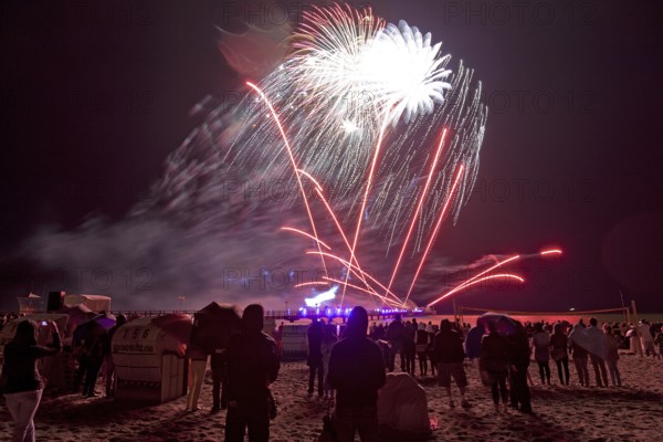 Baltic Sea in flames at Grömitz pier, fireworks, highlight of the season, end of the season, beach, spectators, beach chairs at night, shower of sparks, Baltic Sea resort, tourist attraction, Grömitz, Baltic Sea, Schleswig-Holstein, Germany, Europe, aerial photo, birds-eyes view, aerial photography, aerial photography, overview, overview, bird's-eye view