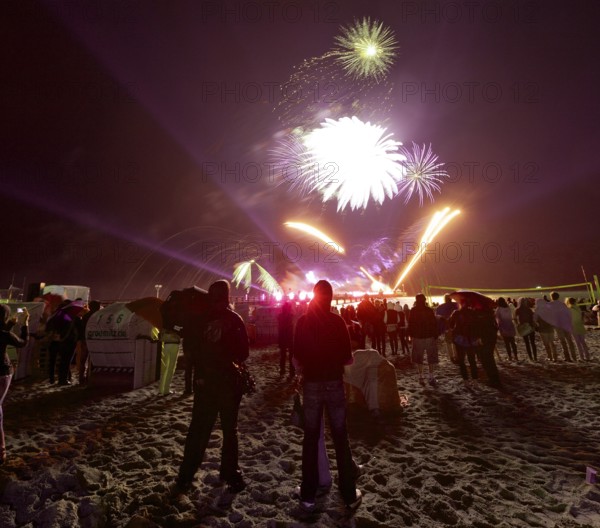 Baltic Sea in flames at Grömitz pier, fireworks, highlight of the season, end of the season, beach, spectators, beach chairs at night, shower of sparks, Baltic Sea resort, tourist attraction, Grömitz, Baltic Sea, Schleswig-Holstein, Germany, Europe, aerial photo, birds-eyes view, aerial photography, aerial photography, overview, overview, bird's-eye view