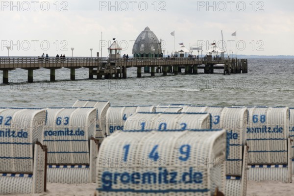 Jetty with beach chairs, Grömitz, Baltic Sea, Schleswig-Holstein, Germany, Europe, aerial view, birds-eyes view, aerial photography, aerial photography, overview, bird's eye view