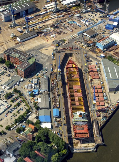 Dry docks of the Hamburg shipyard Blohm+Voss, Hamburg harbour, Elbe, Hamburg, Free and Hanseatic City of Hamburg, Germany, Europe, aerial view, birds-eyes view, aerial photography, aerial photography, overview, overview, bird's eye view