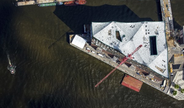 Roof construction of the Elbphilharmony, concert hall in the HafenCity in Hamburg, Elbphilharmonie with Hafencity, Speicherstadt, UNESCO World Heritage Site, Hamburg harbour, Elbe, Hamburg, Free and Hanseatic City of Hamburg, Germany, Europe, aerial view, birds-eyes view, aerial photography, aerial photography, overview, bird's eye view