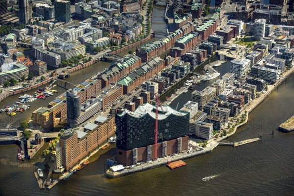 Elbphilharmonie with Hafencity, Speicherstadt, UNESCO World Heritage Site, Hamburg harbour, Elbe, Hamburg, Free and Hanseatic City of Hamburg, Germany, Europe, aerial view, birds-eyes view, aerial photography, aerial photography, overview, bird's eye view