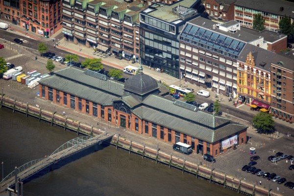 Historic fish auction hall, Hamburg harbour, Elbe, Hamburg, Free and Hanseatic City of Hamburg, Germany, Europe, aerial view, birds-eyes view, aerial photography, aerial photography, overview, bird's eye view