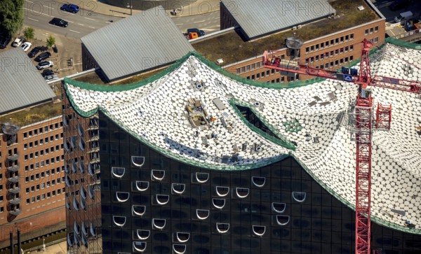 Roof construction of the Elbphilharmony, concert hall in the HafenCity in Hamburg, Elbphilharmonie with Hafencity, Speicherstadt, UNESCO World Heritage Site, Hamburg harbour, Elbe, Hamburg, Free and Hanseatic City of Hamburg, Germany, Europe, aerial view, birds-eyes view, aerial photography, aerial photography, overview, bird's eye view