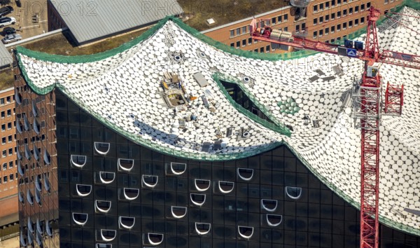 Roof construction of the Elbphilharmony, concert hall in the HafenCity in Hamburg, Elbphilharmonie with Hafencity, Speicherstadt, UNESCO World Heritage Site, Hamburg harbour, Elbe, Hamburg, Free and Hanseatic City of Hamburg, Germany, Europe, aerial view, birds-eyes view, aerial photography, aerial photography, overview, bird's eye view