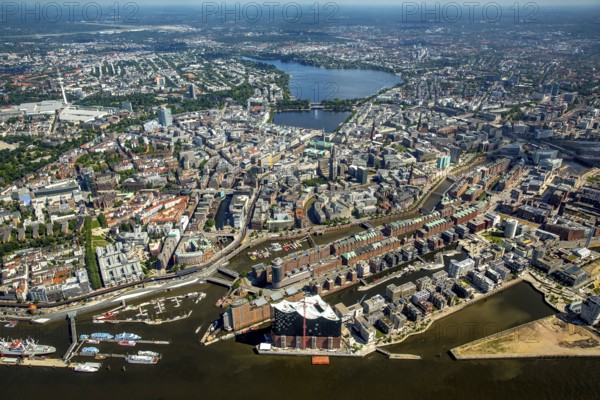 Elbphilharmonie with Hafencity, Speicherstadt, UNESCO World Heritage Site, Hamburg harbour, Elbe, Hamburg, Free and Hanseatic City of Hamburg, Germany, Europe, aerial view, birds-eyes view, aerial photography, aerial photography, overview, bird's eye view