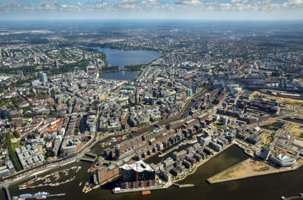 Elbphilharmonie with Hafencity, Speicherstadt, UNESCO World Heritage Site, Hamburg harbour, Elbe, Hamburg, Free and Hanseatic City of Hamburg, Germany, Europe, aerial view, birds-eyes view, aerial photography, aerial photography, overview, bird's eye view