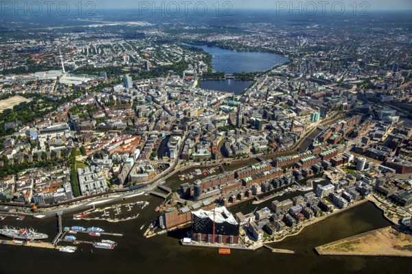 Elbphilharmonie with Hafencity, Speicherstadt, UNESCO World Heritage Site, Hamburg harbour, Elbe, Hamburg, Free and Hanseatic City of Hamburg, Germany, Europe, aerial view, birds-eyes view, aerial photography, aerial photography, overview, bird's eye view
