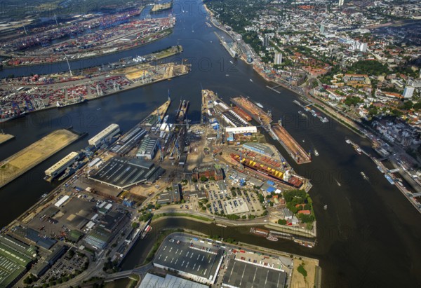 Dry docks of the Hamburg shipyard Blohm+Voss, Hamburg harbour, Elbe, Hamburg, Free and Hanseatic City of Hamburg, Germany, Europe, aerial view, birds-eyes view, aerial photography, aerial photography, overview, overview, bird's eye view
