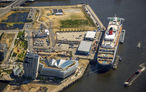 Cruise terminal, Unilever House cruise ship Queen Mary 2, Hamburg harbour, Elbe, Hamburg, Free and Hanseatic City of Hamburg, Germany, Europe, aerial view, birds-eyes view, aerial photography, aerial photography, overview, bird's eye view
