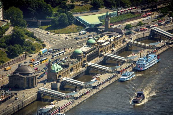 Landungsbrücken with the excursion boat Lousiana Star, Hamburg harbour, Elbe, Hamburg, Free and Hanseatic City of Hamburg, Germany, Europe, aerial view, birds-eyes view, aerial photography, aerial photography, overview, bird's eye view