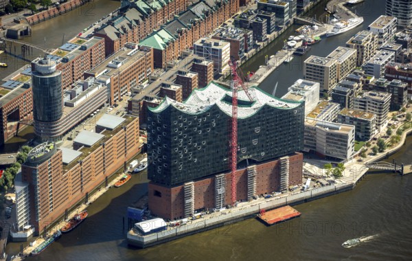 Elbphilharmonie with Hafencity, Speicherstadt, UNESCO World Heritage Site, Hamburg harbour, Elbe, Hamburg, Free and Hanseatic City of Hamburg, Germany, Europe, aerial view, birds-eyes view, aerial photography, aerial photography, overview, bird's eye view