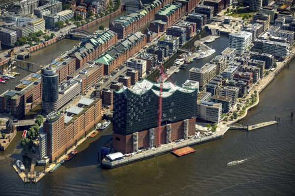 Elbphilharmonie with Hafencity, Speicherstadt, UNESCO World Heritage Site, Hamburg harbour, Elbe, Hamburg, Free and Hanseatic City of Hamburg, Germany, Europe, aerial view, birds-eyes view, aerial photography, aerial photography, overview, bird's eye view