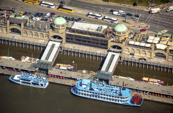 Landungsbrücken with the excursion boat Lousiana Star, Hamburg harbour, Elbe, Hamburg, Free and Hanseatic City of Hamburg, Germany, Europe, aerial view, birds-eyes view, aerial photography, aerial photography, overview, bird's eye view