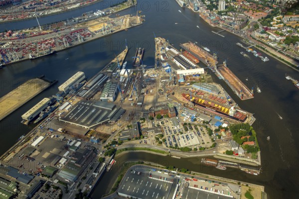 Dry docks of the Hamburg shipyard Blohm+Voss, Hamburg harbour, Elbe, Hamburg, Free and Hanseatic City of Hamburg, Germany, Europe, aerial view, birds-eyes view, aerial photography, aerial photography, overview, overview, bird's eye view