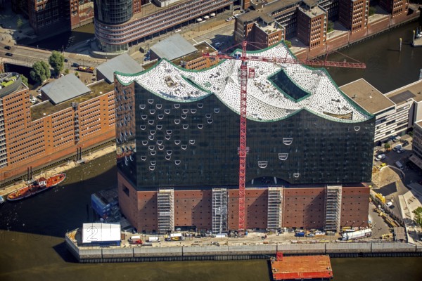 Roof construction of the Elbphilharmony, concert hall in the HafenCity in Hamburg, Elbphilharmonie with Hafencity, Speicherstadt, UNESCO World Heritage Site, Hamburg harbour, Elbe, Hamburg, Free and Hanseatic City of Hamburg, Germany, Europe, aerial view, birds-eyes view, aerial photography, aerial photography, overview, bird's eye view