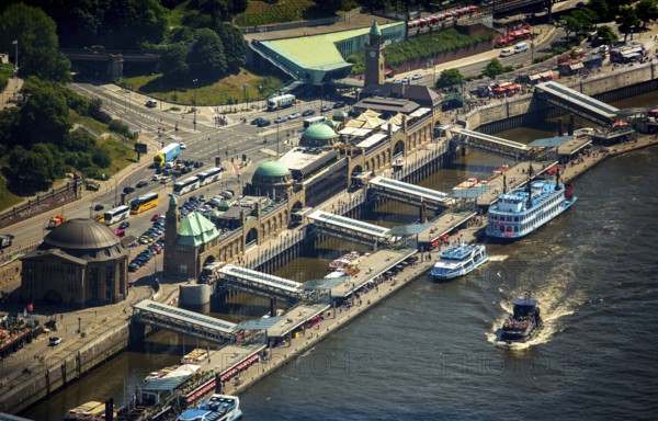 Landungsbrücken with the excursion boat Lousiana Star, Hamburg harbour, Elbe, Hamburg, Free and Hanseatic City of Hamburg, Germany, Europe, aerial view, birds-eyes view, aerial photography, aerial photography, overview, bird's eye view