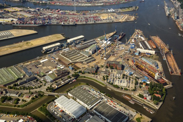 Dry docks of the Hamburg shipyard Blohm+Voss, Hamburg harbour, Elbe, Hamburg, Free and Hanseatic City of Hamburg, Germany, Europe, aerial view, birds-eyes view, aerial photography, aerial photography, overview, overview, bird's eye view
