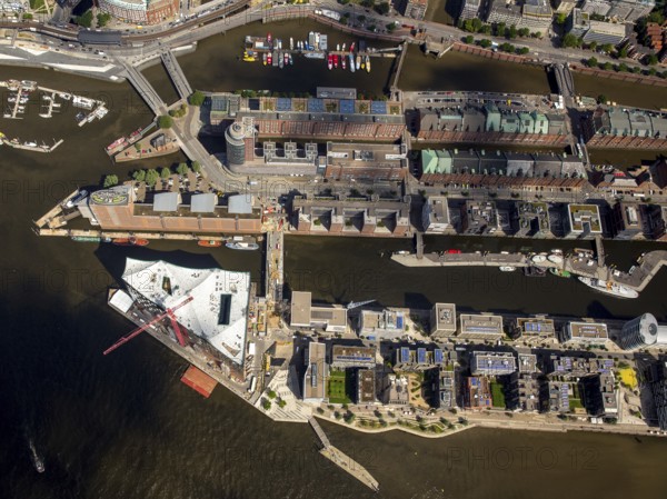 Elbphilharmonie with Hafencity, Speicherstadt, UNESCO World Heritage Site, Hamburg harbour, Elbe, Hamburg, Free and Hanseatic City of Hamburg, Germany, Europe, aerial view, birds-eyes view, aerial photography, aerial photography, overview, bird's eye view