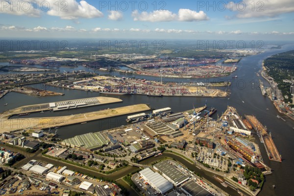 Dry docks of the Hamburg shipyard Blohm+Voss, Hamburg harbour, Elbe, Hamburg, Free and Hanseatic City of Hamburg, Germany, Europe, aerial view, birds-eyes view, aerial photography, aerial photography, overview, overview, bird's eye view