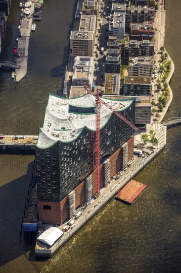 Roof construction of the Elbphilharmony, Elbphilharmonie with Hafencity, Speicherstadt, UNESCO World Heritage Site, Hamburg harbour, Elbe, Hamburg, Free and Hanseatic City of Hamburg, Germany, Europe, aerial view, birds-eyes view, aerial photography, aerial photography, overview, bird's eye view