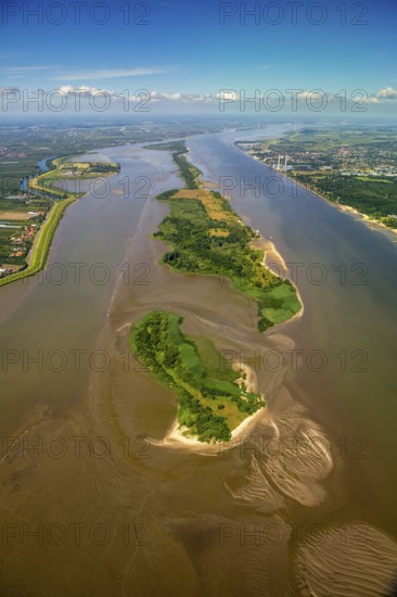 Elbe, tidal flats at low tide on an island in the Elbe near Wedel and Jork, Wedel, Lower Saxony, Germany, Hamburg, Free and Hanseatic City of Hamburg, Europe, aerial photograph, birds-eyes view, aerial photography, aerial photography, overview, bird's eye view