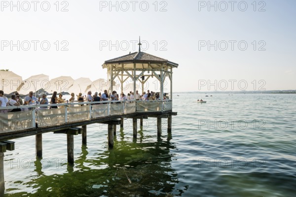 Lake pavilion with bar on the promenade, sunset, Bregenz, Lake Constance, Vorarlberg, Austria